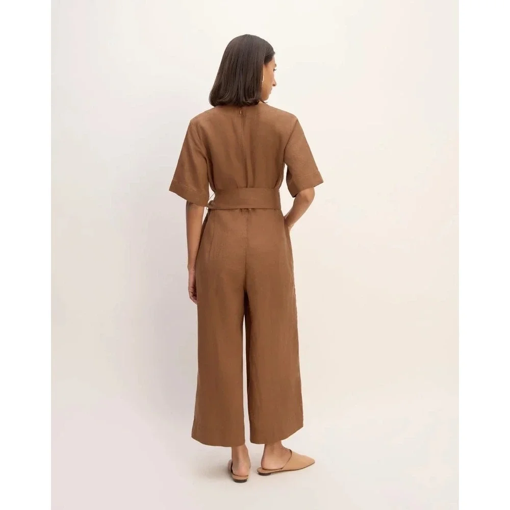 Everlane The Wrap Jumpsuit Brown Linen Blend Wrap V-Neck Wide Leg Belted Size 0